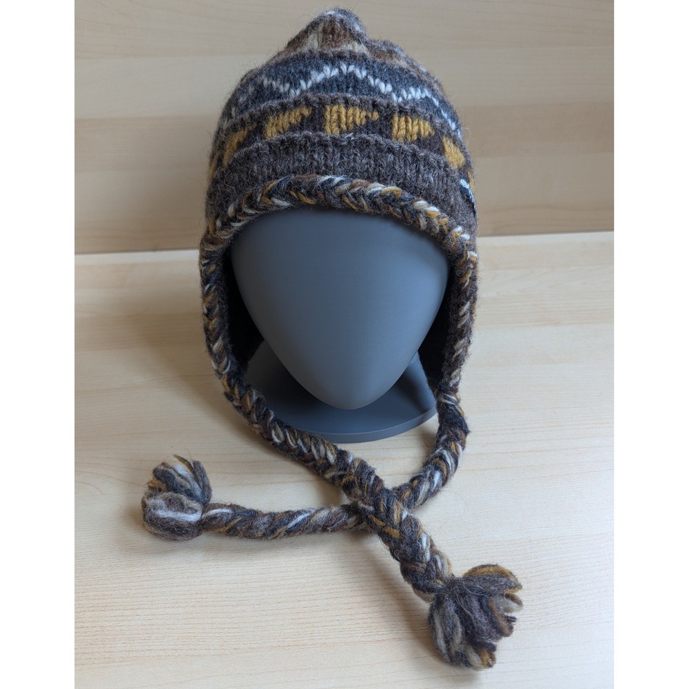 Everest Designs Wool Earflap Hat Brown Fair Isle Fleece Lined Beanie Nepal Knit